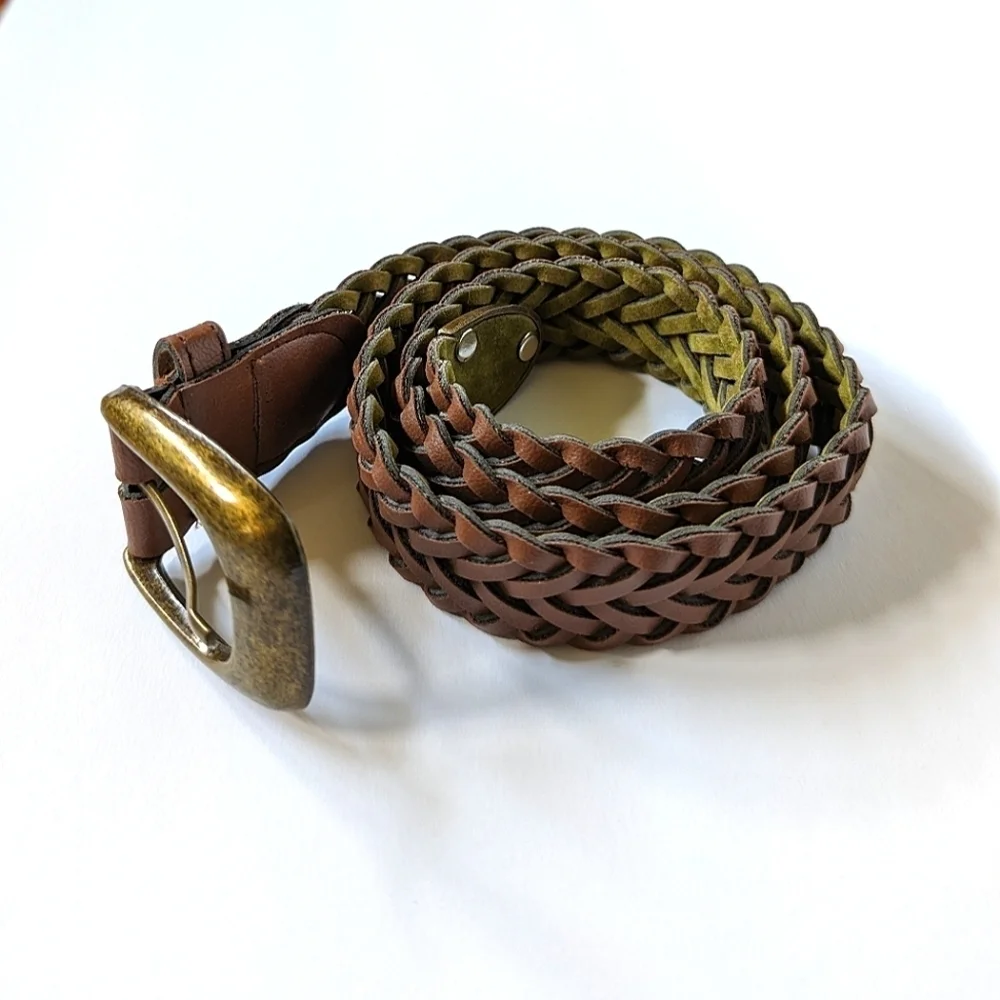 Braided Faux Leather & Suede Adjustable Unisex Belt Brown Olive Brass sz S 31 ½